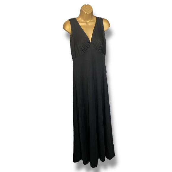 1970s Vintage Black Maxi Dress Sleeveless Deep V Neck Boho Glam - Picture 4 of 8